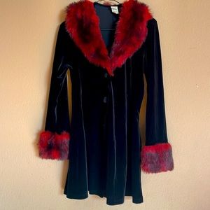 Black With Red Faux-Fur Collar and Cuff Trim Jacket